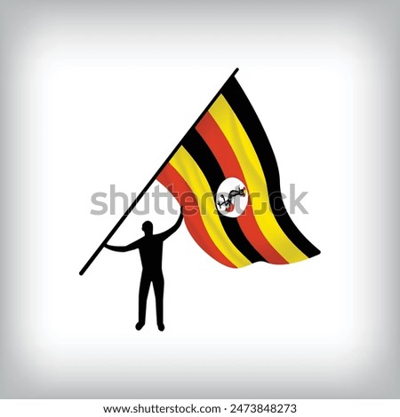 A man holds the flag of UGANDA in the air. Vector flag waving. National day realistic flag illustration.