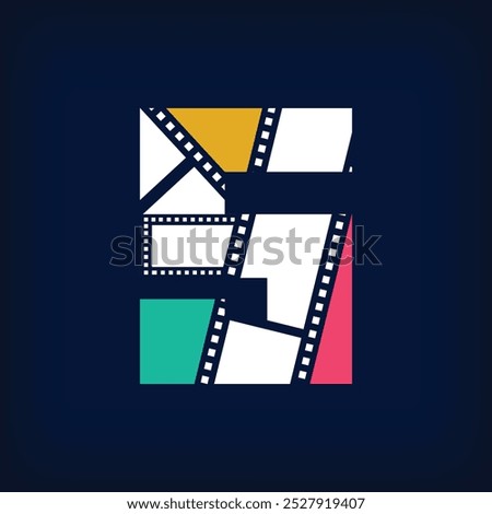 Movie photo collage logo design in modern number 5 sign form. Simple geometric corporate identity design.