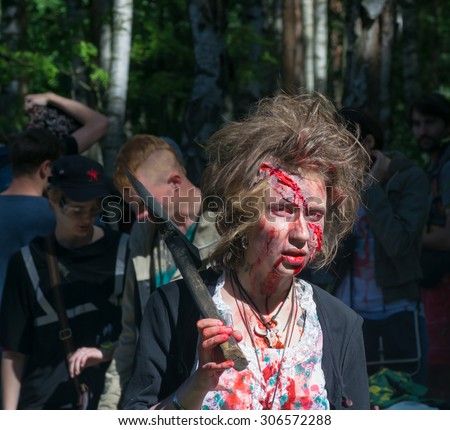 Saint Petersburg, Russia - August 15, 2015: people dressed as zombies parade on the street while walking in St. Petersburg zombie, the zombie walk is part of the event a flash mob.