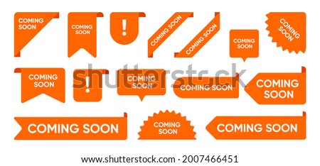 Coming soon flat promo banners set. bright grand sale and new arrival corners, stickers and tag labels vector illustration collection. ribbon signs and buttons concept Vector Foto stock © 