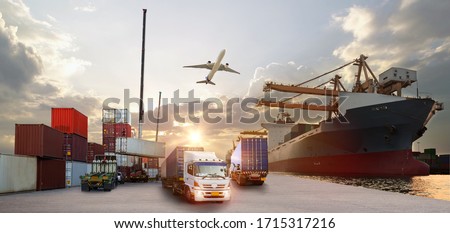 Container truck in ship port for business Logistics and transportation of Container Cargo ship and Cargo plane with working crane bridge in shipyard at sunrise, logistic import export and transport  Stock photo © 