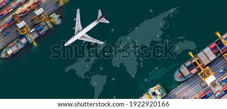 Aerial view and top view cargo plane flying above ship port in the export and import business and Smart logistics international goods. Shipping cargo to harbor by crane
