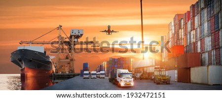Container truck in ship port for business Logistics and transportation of Container Cargo ship and Cargo plane with working crane bridge in shipyard at sunrise, logistic import export Concept