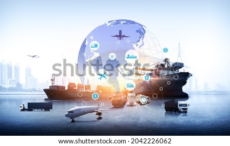 Global business of Container Cargo freight ship for Business logistics concept, Air cargo trucking, Rail transportation and maritime shipping, Online goods orders worldwide Stock photo © 