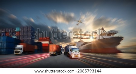 Container truck in ship port for business Logistics and transportation of Container Cargo ship and Cargo plane with working crane bridge in shipyard at sunrise, logistic import export and transport  Stock photo © 