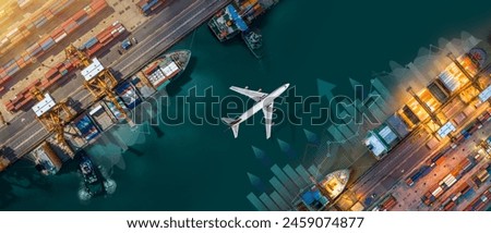 Similar – Image, Stock Photo An aerial view of a moving truck on an empty road separated by green trees and the barrens.