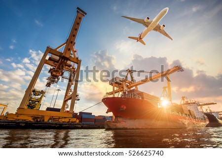 Logistics and transportation of Container Cargo ship and Cargo plane with working crane bridge in shipyard, logistic import export and transport industry background Stock photo © 