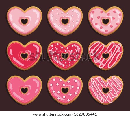 Valentine's Day Heart Donut Set Vector for present. Sweet lovely cute pink delicious decorated donuts