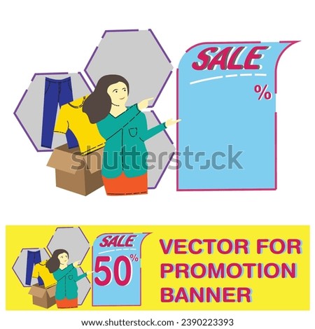 Social media promotion scene. Character pointing towards discount promotion banner, sending advertising email, offering sales and discounts. Flat cartoon vector illustration.