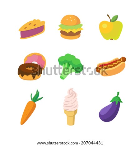 Fast food, fruits and vegetables icons set