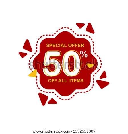 special offer 50 & off text on a red octagon with red and gold triangles around it and dashed outlined octagon outside the red octagon. big sale poster design