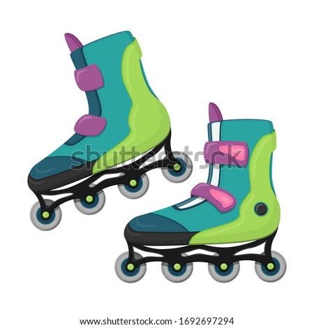 A pair of inline skates in flat style.Color vector illustration.Ecological vehicle for driving around the city and inside large rooms.Roller skates for walks and sports. Isolated on a white background