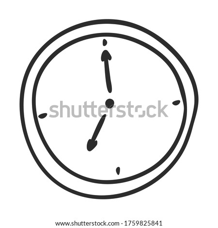 Wall clock in Doodle style. 7 o'clock. Symbol of time. A simple black and white drawing is drawn by hand and isolated on a white background