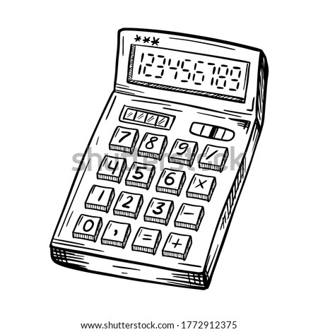 A sketch of the calculator. An accounting or school accounting tool. A simple hand-drawn drawing, isolated on white. Black and white vector illustration.