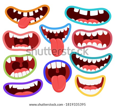 Variations of the mouths of monsters. Funny mouths with teeth and tongue sticking out. A set of different mouths. Children's entertainment color illustration. Vector elements isolated on white