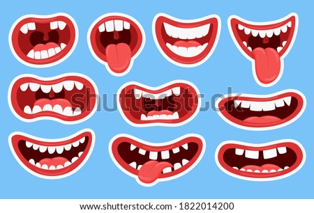 Variations of the mouths of monsters. Funny mouths with teeth and tongue sticking out.Set of stickers for different mouths. Children's color illustration. Vector elements isolated on a blue background