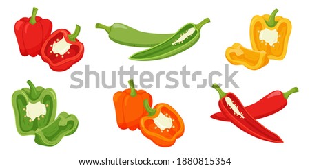 Set of sweet peppers. Whole peppers, halves with a sprig, and a quarter cut. Cut off half in a cross section. Food, vegetable in flat style. Isolated vector illustration on a white background
