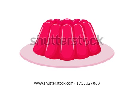 Pink jelly on a platter. Light sweet dessert. Low-calorie yummy, delicious. Illustration in cartoon flat style. Isolated on a white background
