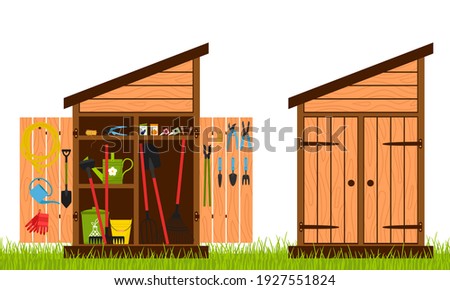 Wooden shed with closed and open doors. Gardening tools are stacked inside the shed and hung on the door. Equipment for growing plants. Vector illustration in a flat style 商業照片 © 
