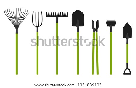 Collection of garden tools. Rake, shovel, pitchfork, hoe. A set of gardening tools. Design elements in a cartoon flat style. Isolated on a white background Stock fotó © 