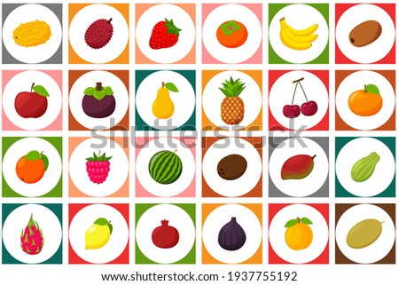 A set of colored icons with fruits and berries. A white circle on a square colored background. It can be used as a seamless pattern for packaging and printing on textiles. Bright vector elements.Flat