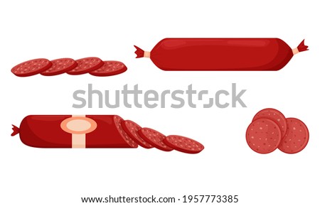 Set of red smoked sausages, whole sausage, half, sliced. Food, ready-made meat dish. Flat style. Color vector illustration isolated on a white background