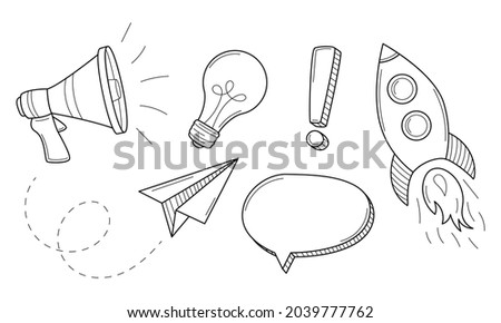 A set of linear business, startup icons. Horn, rocket, light bulb, paper airplane, exclamation mark, speech bubble. Hand-drawn black and white vector illustration. Isolated on a white background.