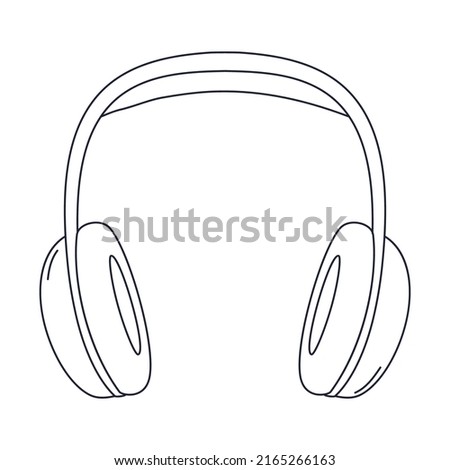 Outline professional studio over-ear headphones with large ear pads. Equipment for podcasting, online learning, listening to music. Linear black white vector illustration isolated on white background.