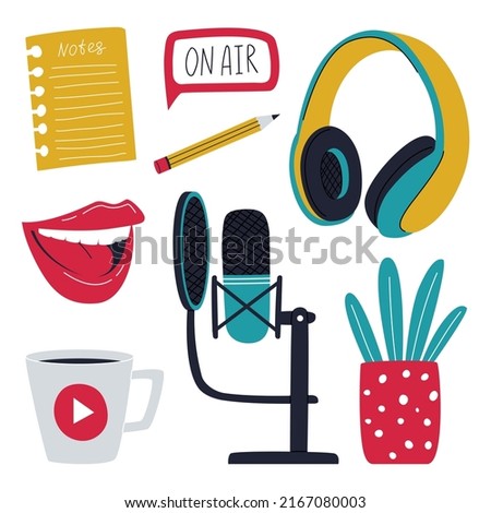 A set of elements symbolizing recording of a podcast, radio show, online show. Microphone with condenser, coffee cup, headphones, potted plant. Color flat vector illustrations isolated on white