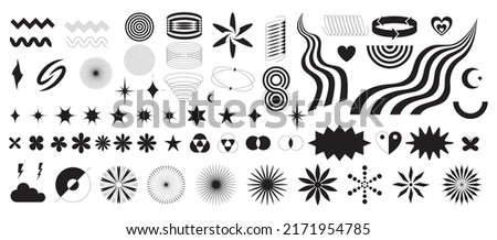 A set of abstract geometric decorative elements in Y2K style. Trendy minimalistic retro shapes, stars, bling, glitter, silhouettes, brutalism forms, waves. Modern graphic design elements. Vector