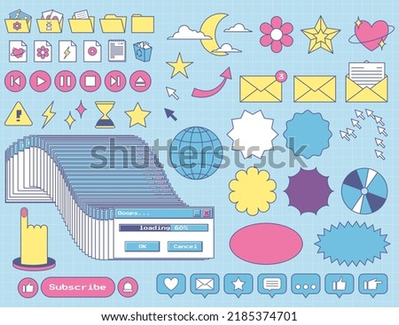 Set of retro computer ui nostalgic elements and stickers. Old PC 90s user interface icons with an outline. Frozen window, loading, buttons, folders, arrow. Retrowave Y2K icons. Vector illustration