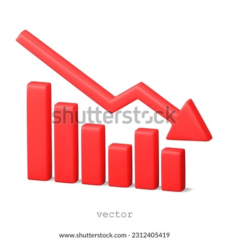 Vector 3d red arrow going down stock icon. Bankruptcy, financial market crash icon. Graph chart downtrend symbol. chart going down sign. Realistic 3d Vector illustration isolated on. 3D Illustration