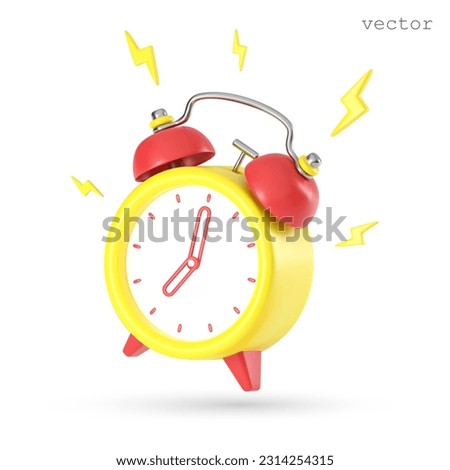 Vector 3D Ringing alarm with lightning. 7 o clock. Wake up, Good morning concept. Marketing time concept. Alarming ring. Realistic 3D vector illustration on white background. 3D Illustration