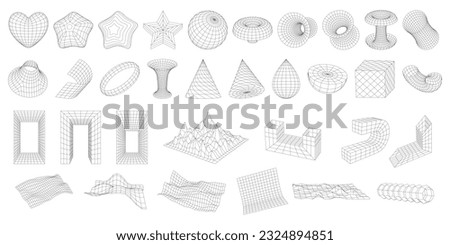 Set of wireframe 3D geometric shapes. Abstract figures, Distorted mesh grids. Mountains, Cone, distorted planes, arcs, black holes, globe. Graphic design elements isolated on white. Editable strokes.