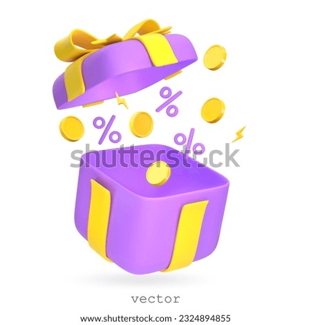 3d Open Gift Box with flying Percent Symbols and Yellow Coins. Symbol of Surprise. Concept of Promotion, Discount, Sale, Gift. Cartoon Style. Vector 3D render illustration On White Background