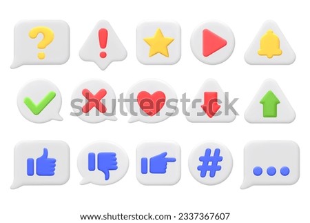 3D symbols and signs on white speech bubbles and shapes. Like, heart, question mark, star, play button, arrows. Icons for web design, mobile apps, social media. 3D vector elements isolated on white.