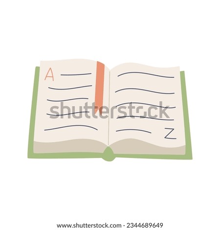 An open book lying on the table, a dictionary, with the letters A and Z. A textbook with a bookmark. Color vector illustration in a flat cartoon style isolated on a white background.