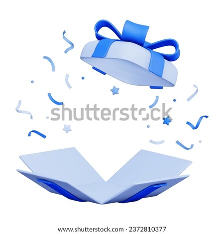 3d Gift Box With Flying Blue Ribbons and Stars. Concept of promotion, discount, sale, gift. Open box with empty space. Vector Render Illustration In Plasticine Cartoon Style on white background.