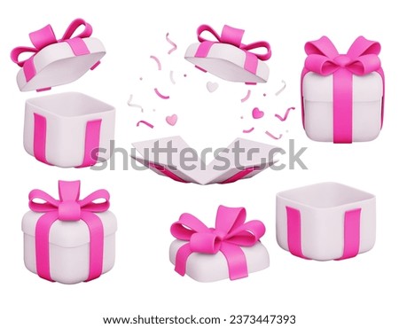 Set of 3d vector gift boxes, open and closed with pink ribbon bow. Flying holiday surprise box with poppers and hearts. Festive presents. For advertising banners, birthday cards. Isolated 3d render