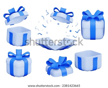 Set of 3d vector gift boxes, open and closed with blue ribbon bow. Flying holiday surprise box with poppers and hearts. Festive presents. For advertising banners, birthday cards. Isolated 3d render