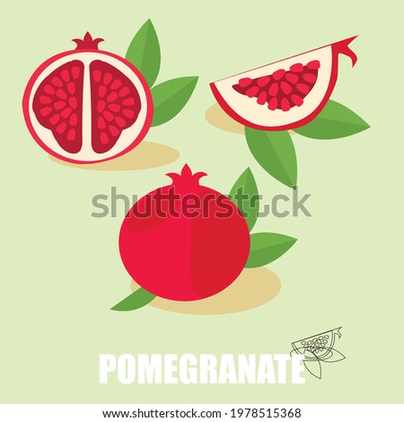 Whole and cut pomegranate icon set. Flat cartoon vector illustration. Pomegranate Hand drawn Vector illustration. Pomegranate whole fruit and half sliced. Pomegranate design juicy fresh fruit icon.