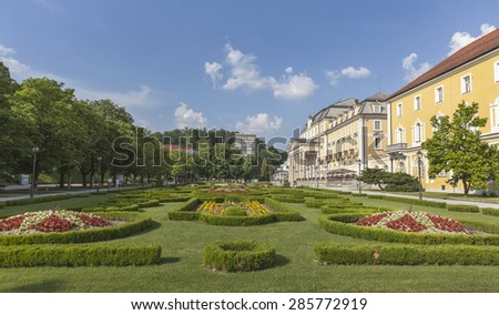 ROGASKA SLATINA, SLOVENIA - JUNE 8, 2015: Flower beds and spa buildings in Rogaska Slatina