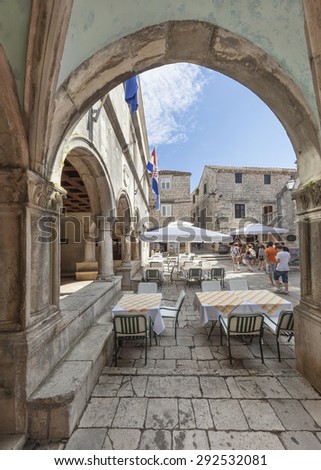 KORCULA, CROATIA - JUNE 19, 2015:Town council house and square in medieval Korcula in Dalmatia