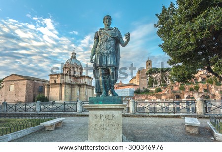 ROMA, ITALY - JANUARY 25, 2015: Bronze statue of roman emperor Julius Caesar on the roman forum
