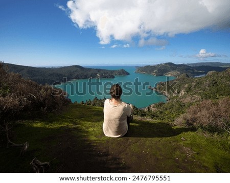 Similar – Image, Stock Photo female traveler admiring a marine view. tourism in Cyprus. tourist on sea background. girl travels on the beaches. young beautiful hipster woman on tropical beach, summer vacation, happy, fun,