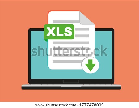 Download XLS button on laptop screen. Downloading document concept. File with XLS label and down arrow sign. Vector illustration.