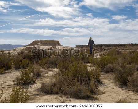 Similar – Image, Stock Photo Male traveler in Bardenas Reales in summer