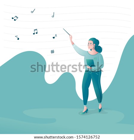 Woman conductor conducting orchestra fly sheet music playing music green tones treble clef wand maestro of an orchestra band director Philharmonic