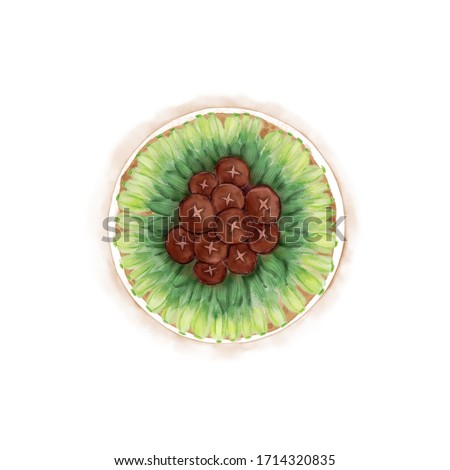 Watercolor Illustration of Chinese Cuisine - Mushroom Fried with Flowering Cabbage | 香菇菜心 商業照片 © 
