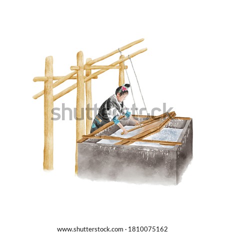 Watercolor Illustration of a Chinese Miao girl making paper in natural and ancient way. Isolated on white background.  | 丹寨造纸 商業照片 © 